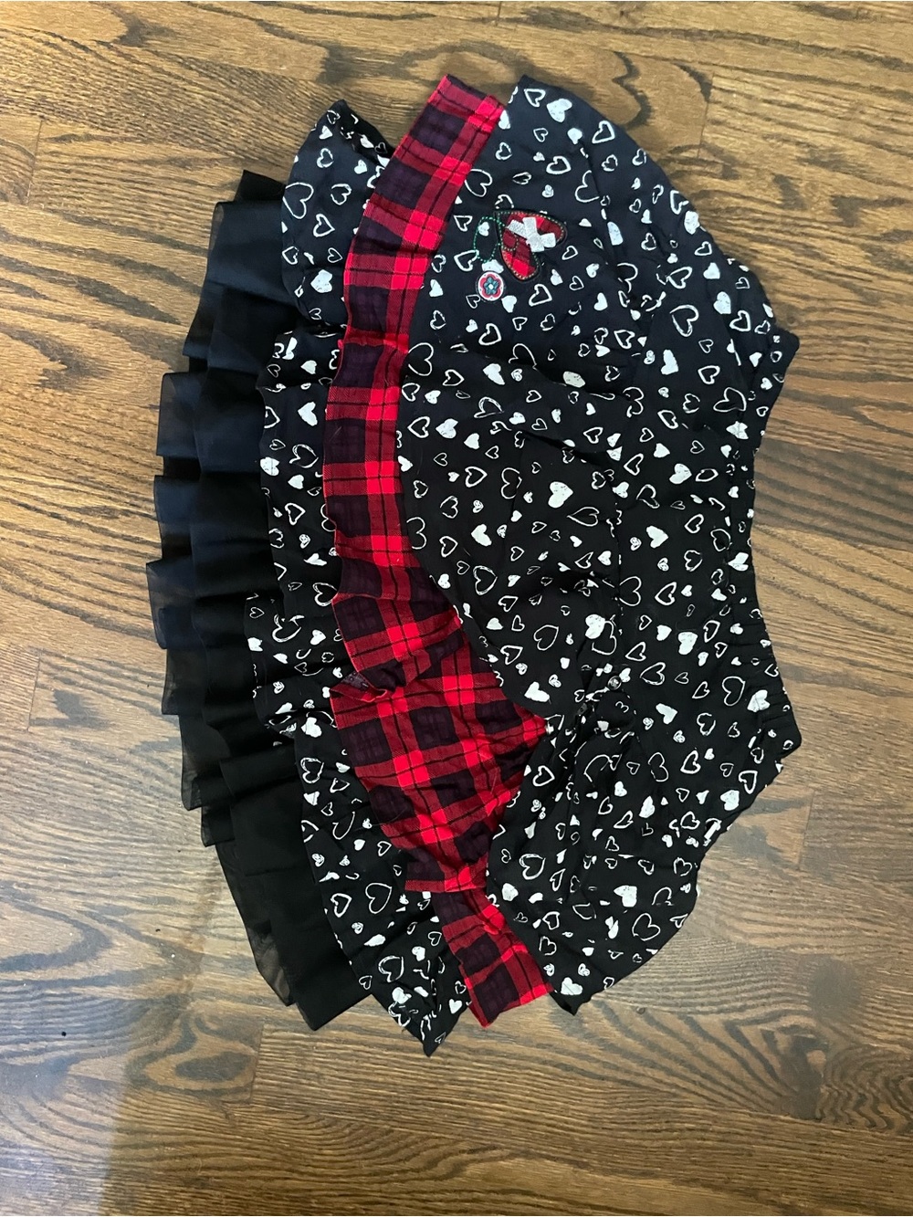 Girls Black Heart Print Skirt with Red Plaid Ruffle